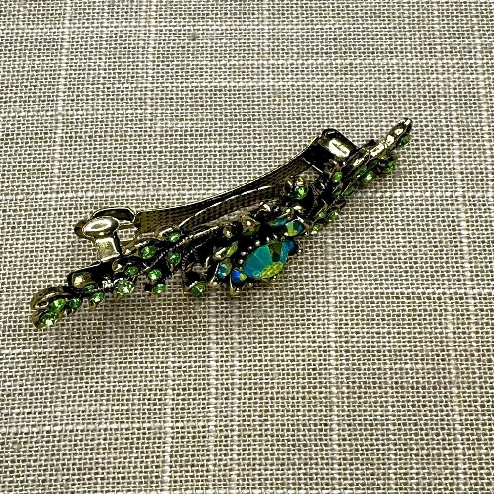 Light Green Peridot AB Floral Crystal Rhinestone Medium Barrette Hair Clip - Picture 7 of 11